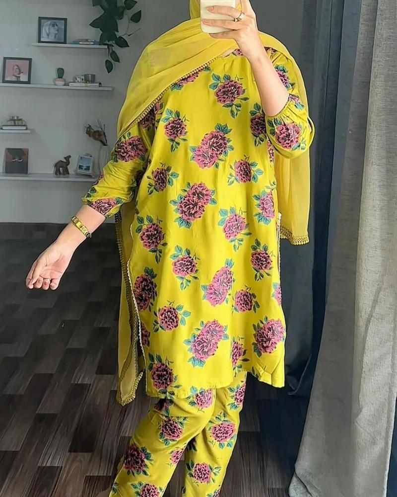 Yellow Linen Embroidered Printed 2-Piece Suit – Yellow color
