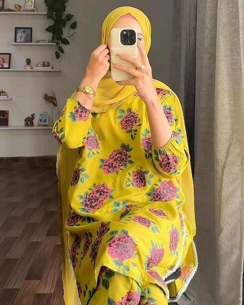 Yellow Linen Embroidered Printed 2-Piece Suit – Yellow color