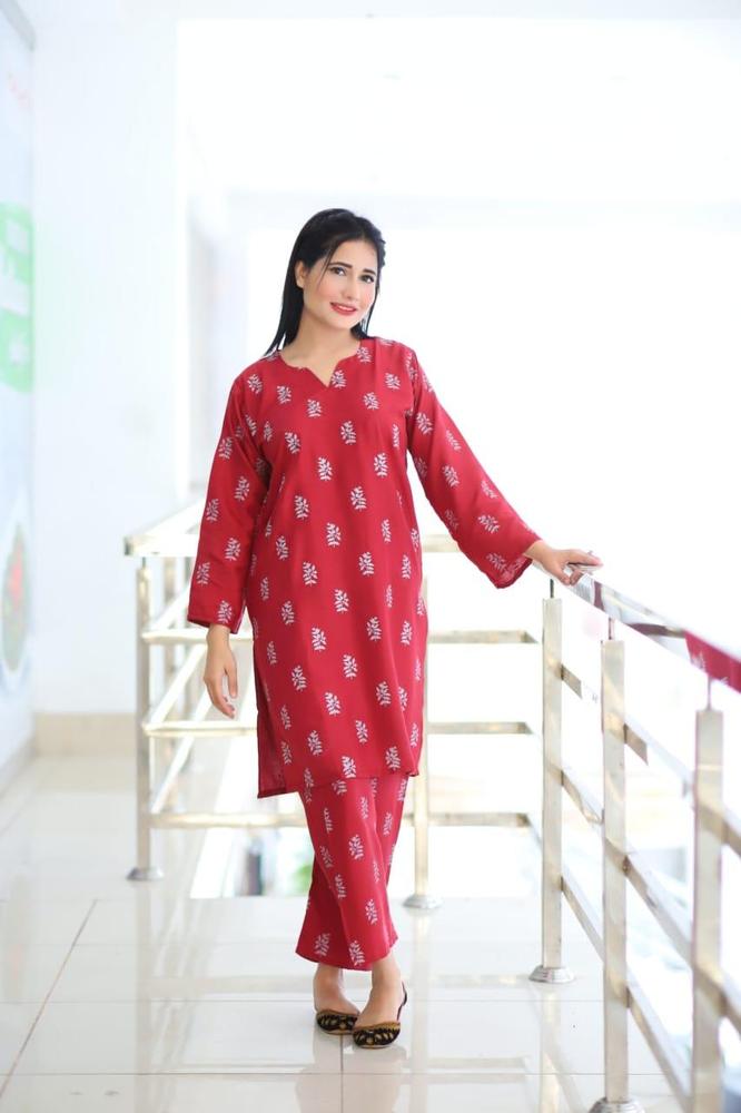 Red Linen Block Printed 2-Piece Suit – Red color