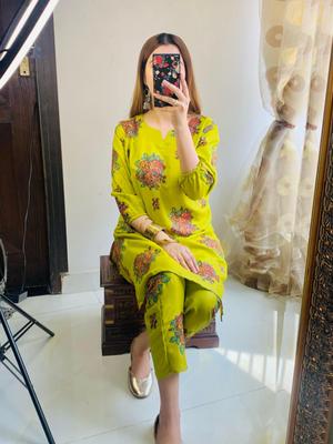 2 Pcs Women's Stitched Linen Printed Shirt And Trouser - Mustard color