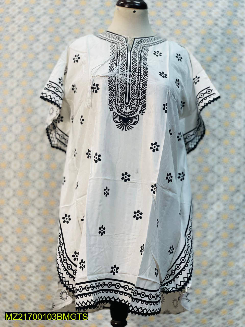 Women Stitched Kaftan Style Linen Frock 1-Piece Suit – White color