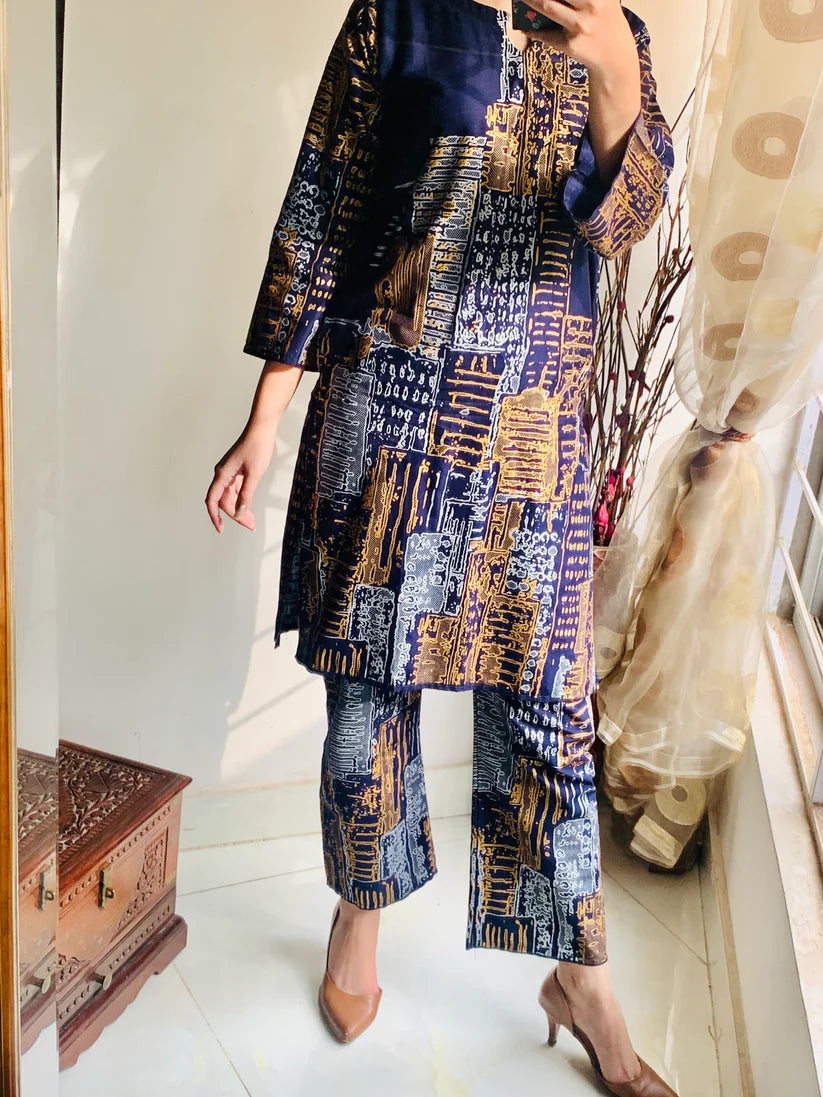 2 Pcs Women's Stitched Linen Block Printed Shirt And Trouser ( Blue )
