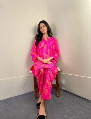 Women Stitched Linen Plain 2-Piece Suit – Pink