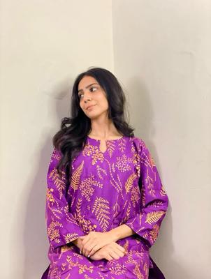 Women Stitched Linen Plain 2-Piece Suit – Purple color