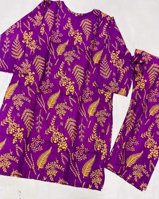 Women Stitched Linen Plain 2-Piece Suit – Purple color