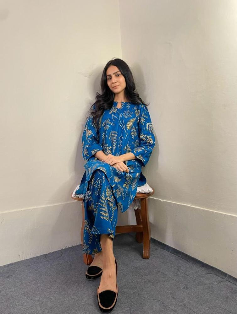 Women Stitched Linen Plain 2-Piece Suit – Blue color