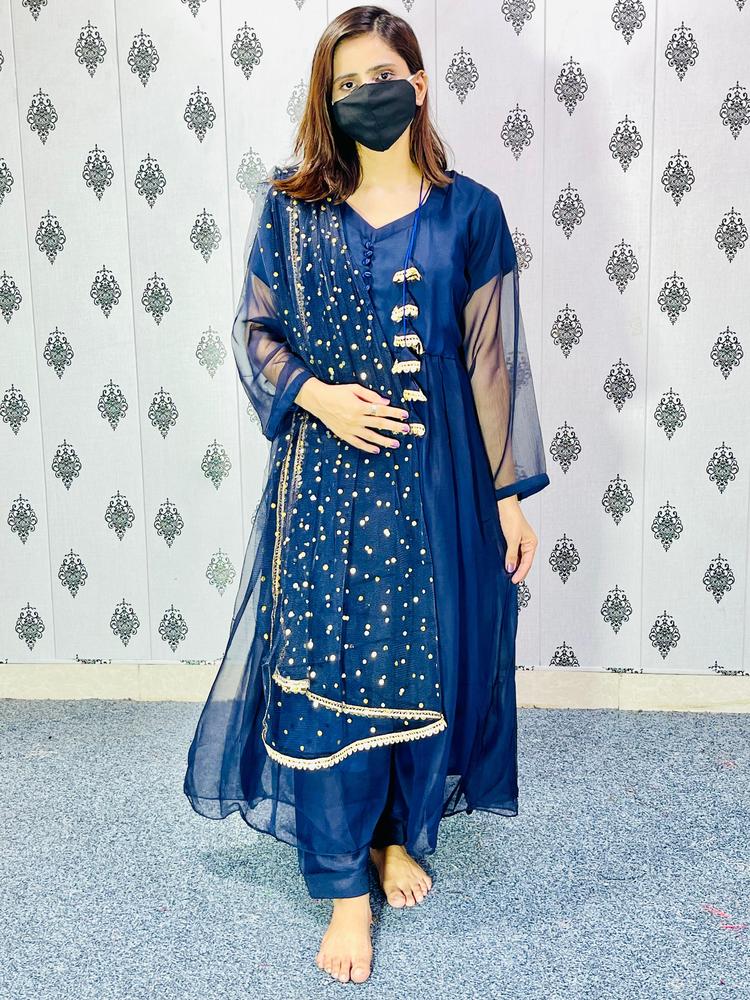 Women Stitched Organza Embroidered 3-Piece Suit – Navy Blue color