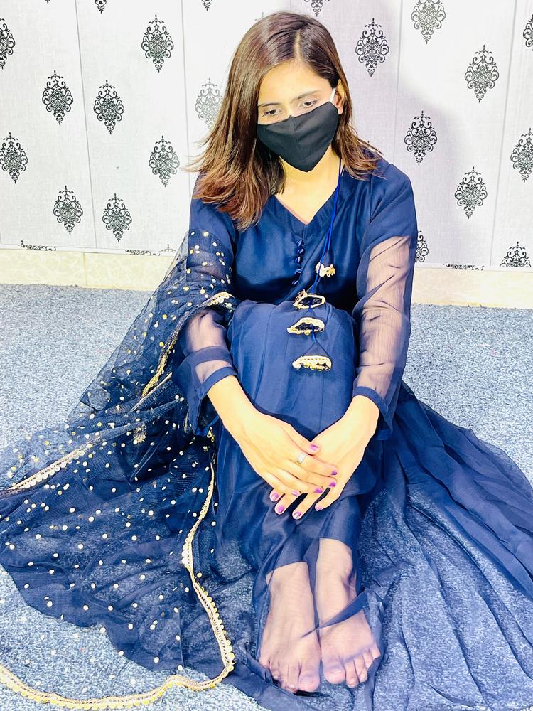 Women Stitched Organza Embroidered 3-Piece Suit – Navy Blue color