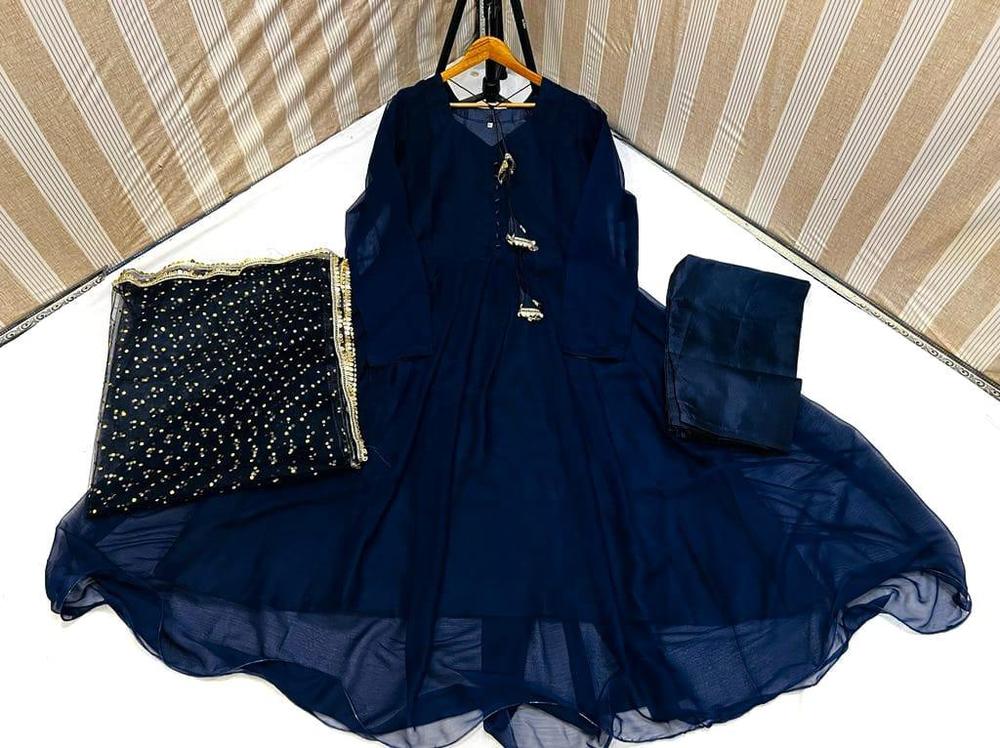 Women Stitched Organza Embroidered 3-Piece Suit – Navy Blue color