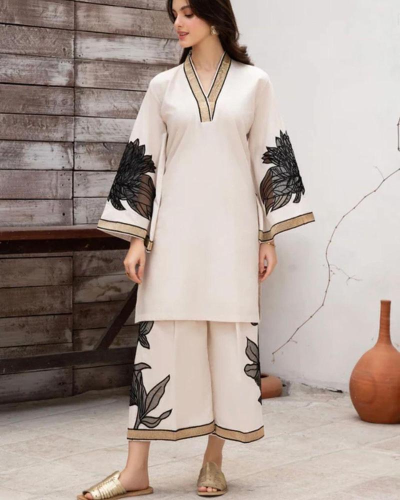 Women Stitched Organza Embroidered 3 - Piece Suit – White color