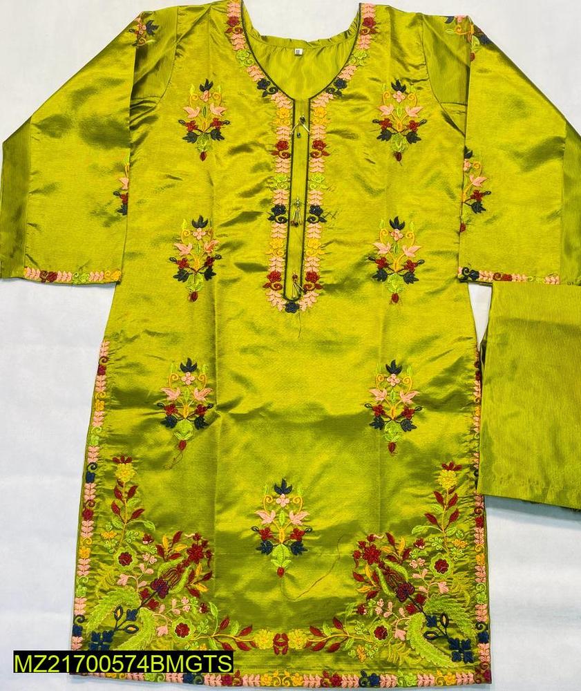 Women Stitched Silk Embroidered 2-Piece Suit – Green color