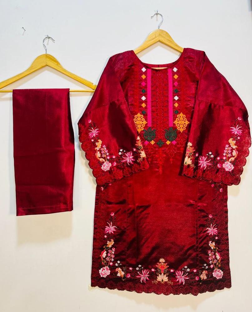 Women Stitched Khaadi Silk Embroidered 2-Piece Suit – Red color