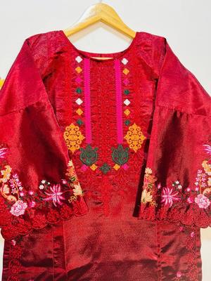 Women Stitched Khaadi Silk Embroidered 2-Piece Suit – Red color