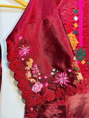 Women Stitched Khaadi Silk Embroidered 2-Piece Suit – Red color