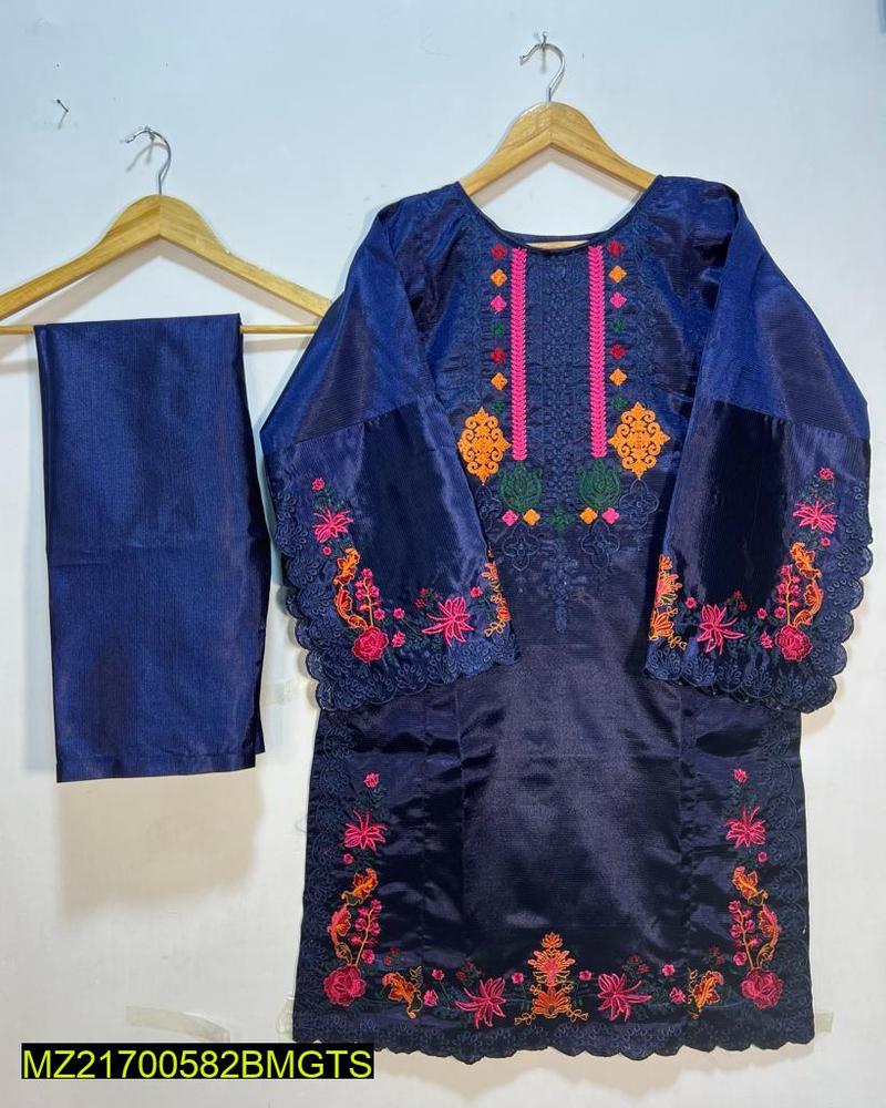 Women Stitched Khaadi Silk Embroidered 2-Piece Suit – Navy Blue