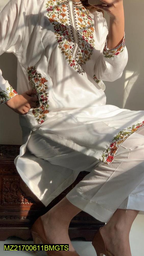 Women Stitched Linen Embroidered 2-Piece Suit – White color