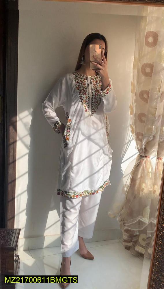 Women Stitched Linen Embroidered 2-Piece Suit – White color