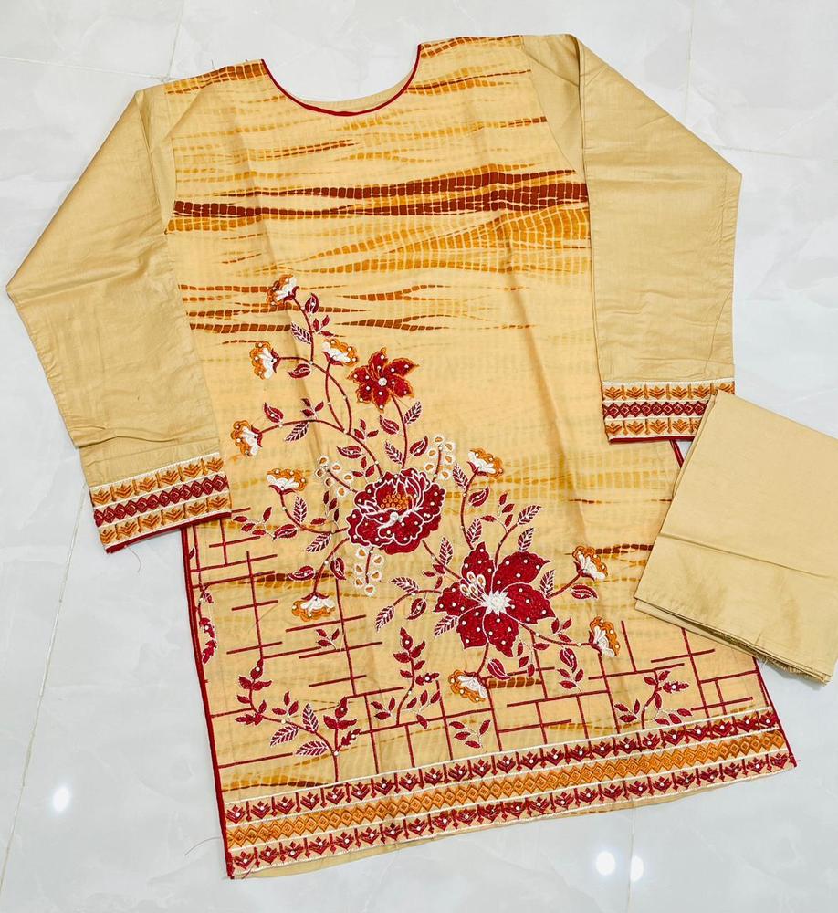 Beige Embroidered Tie-Dye Cotton 2-Piece Suit – Beige color