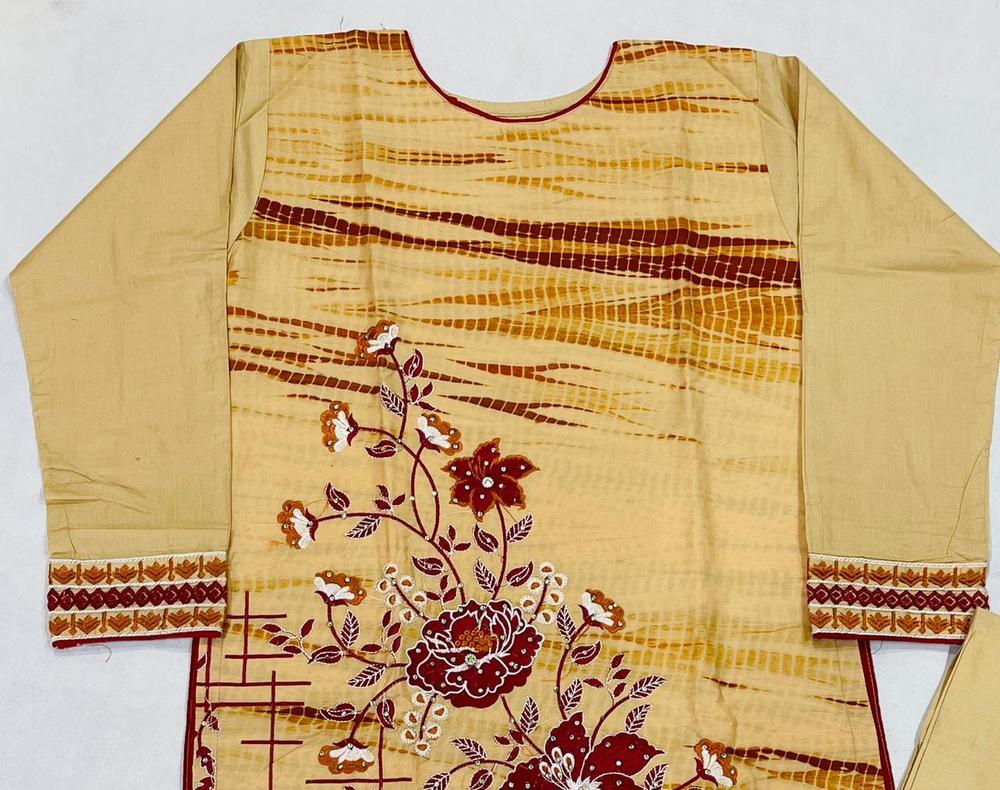 Beige Embroidered Tie-Dye Cotton 2-Piece Suit – Beige color