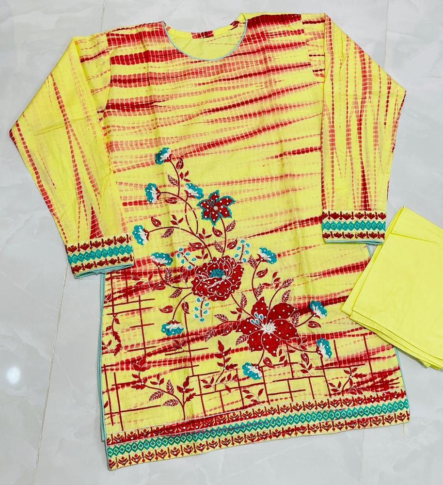 Yellow Embroidered Tie-Dye Cotton 2-Piece Suit – Yellow color