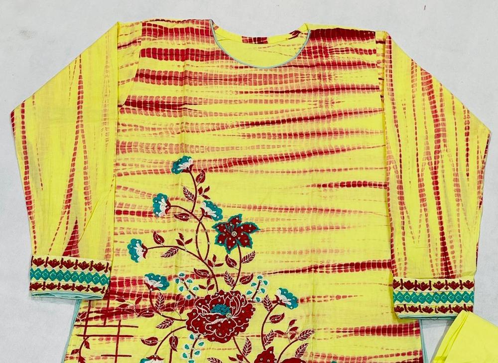 Yellow Embroidered Tie-Dye Cotton 2-Piece Suit – Yellow color