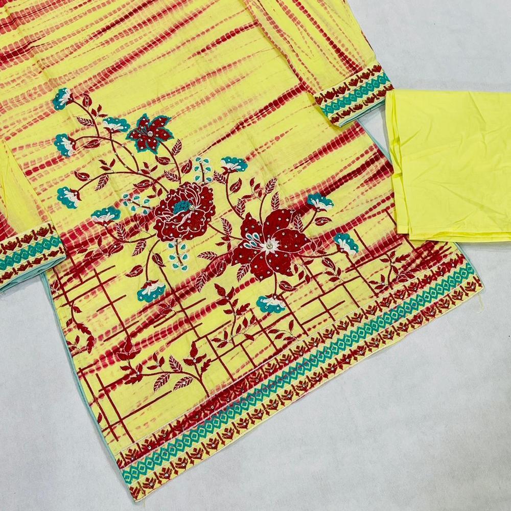 Yellow Embroidered Tie-Dye Cotton 2-Piece Suit – Yellow color