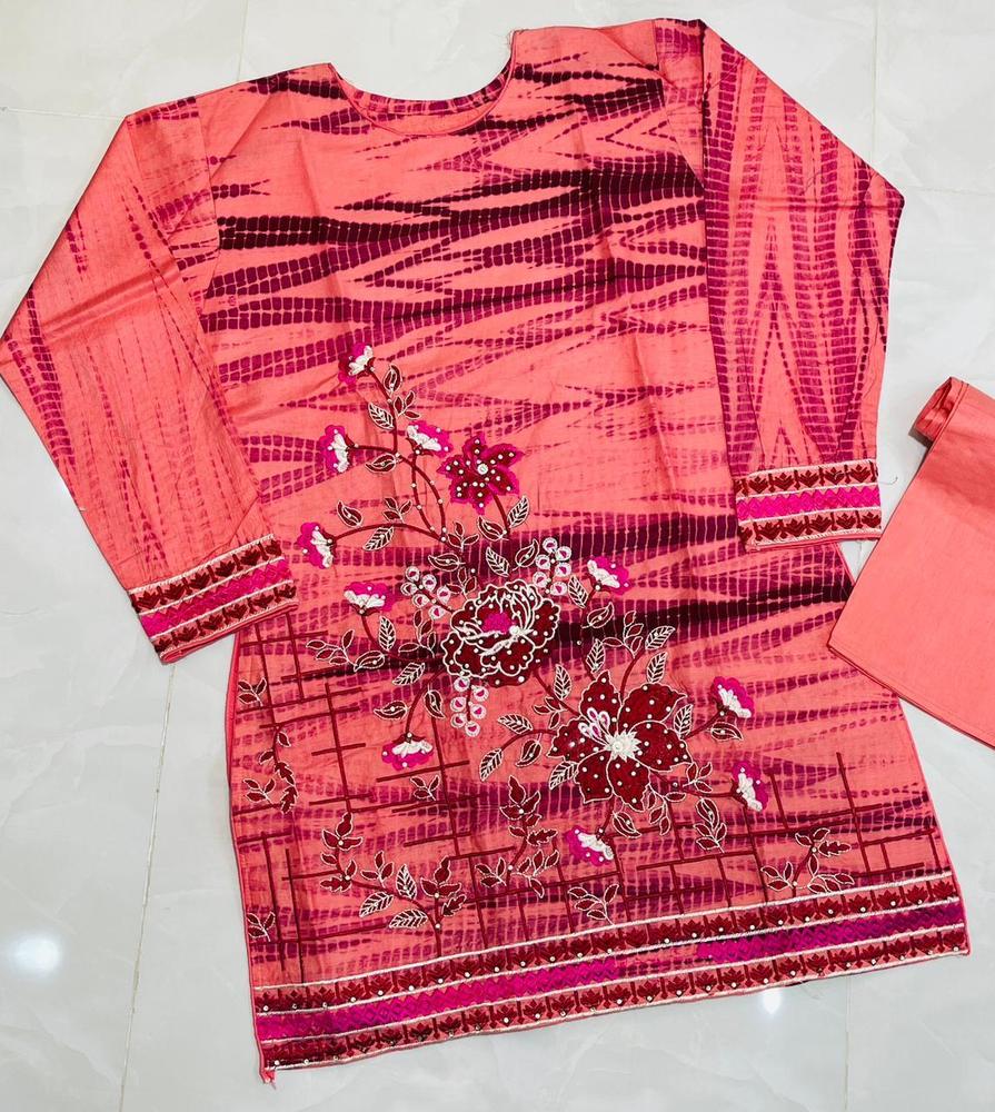 Pink Embroidered Tie-Dye Cotton 2-Piece Suit – Pink color