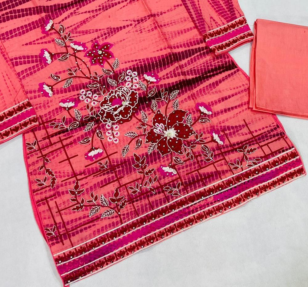 Pink Embroidered Tie-Dye Cotton 2-Piece Suit – Pink color