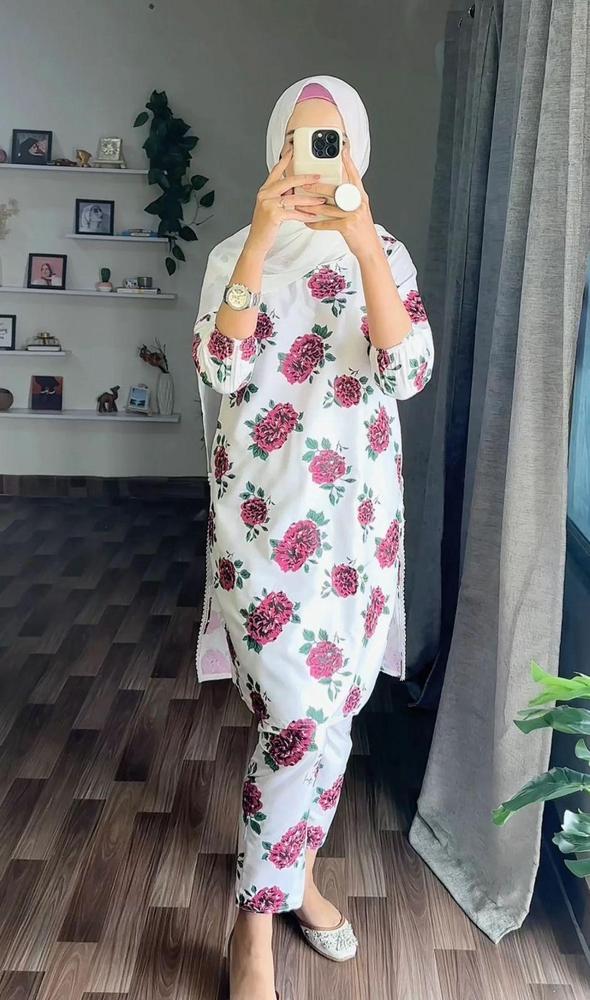 White Linen Embroidered Printed 2-Piece Suit – White color