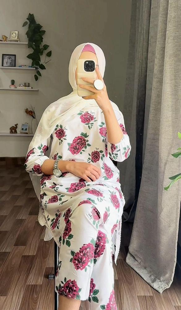 White Linen Embroidered Printed 2-Piece Suit – White color