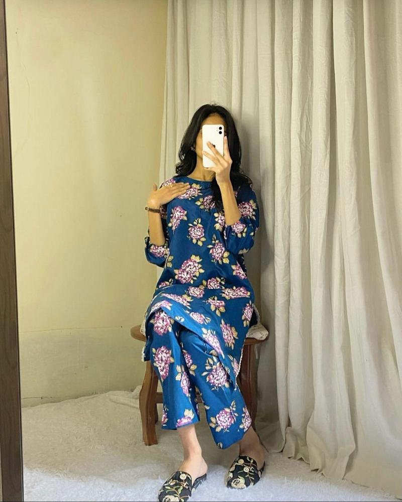 Blue Linen Embroidered Printed 2-Piece Suit – Blue color