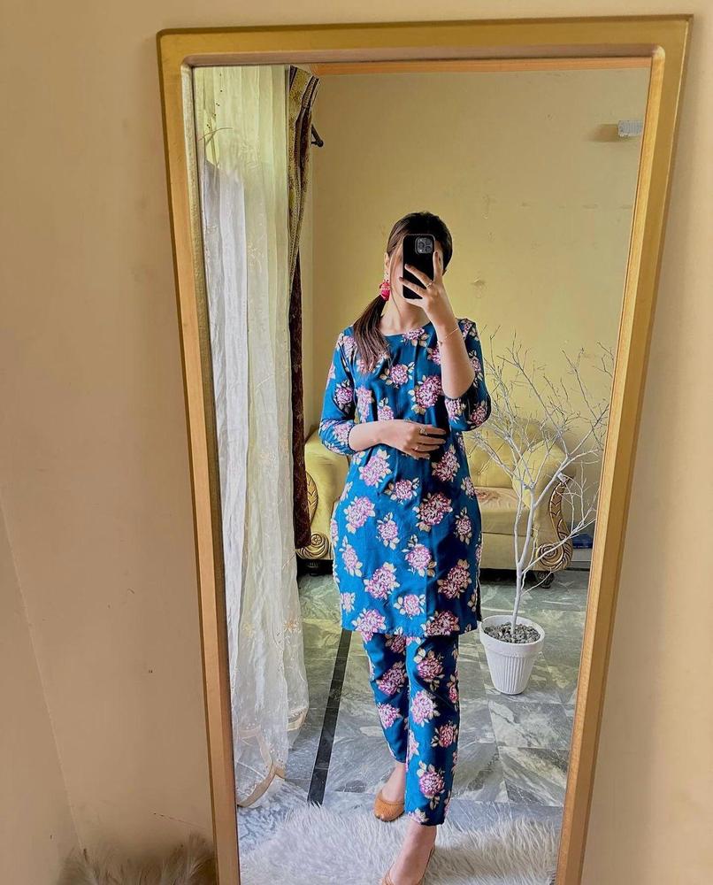 Blue Linen Embroidered Printed 2-Piece Suit – Blue color