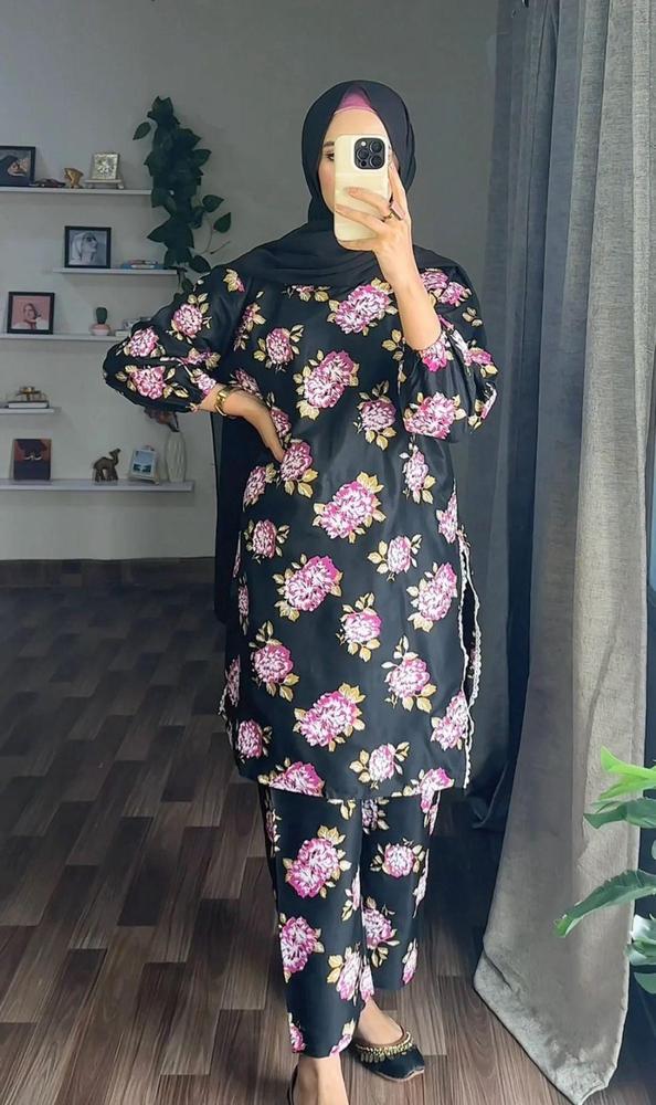 Black Linen Embroidered Printed 2-Piece Suit – Black color