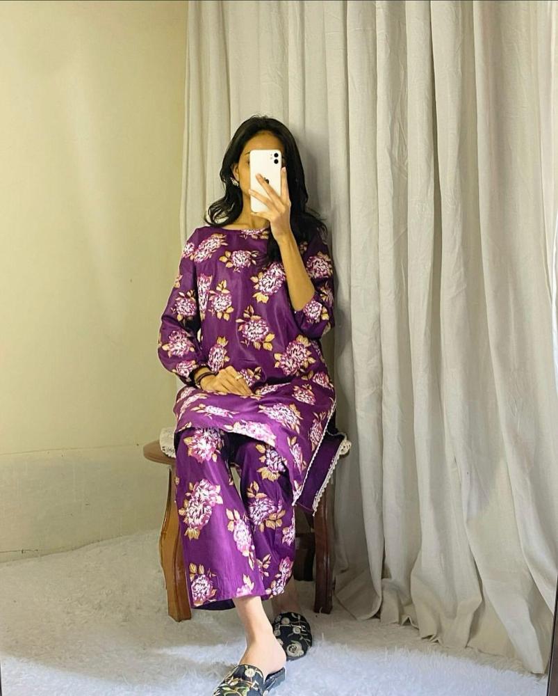 Purple Linen Embroidered Printed 2-Piece Suit – Purple color