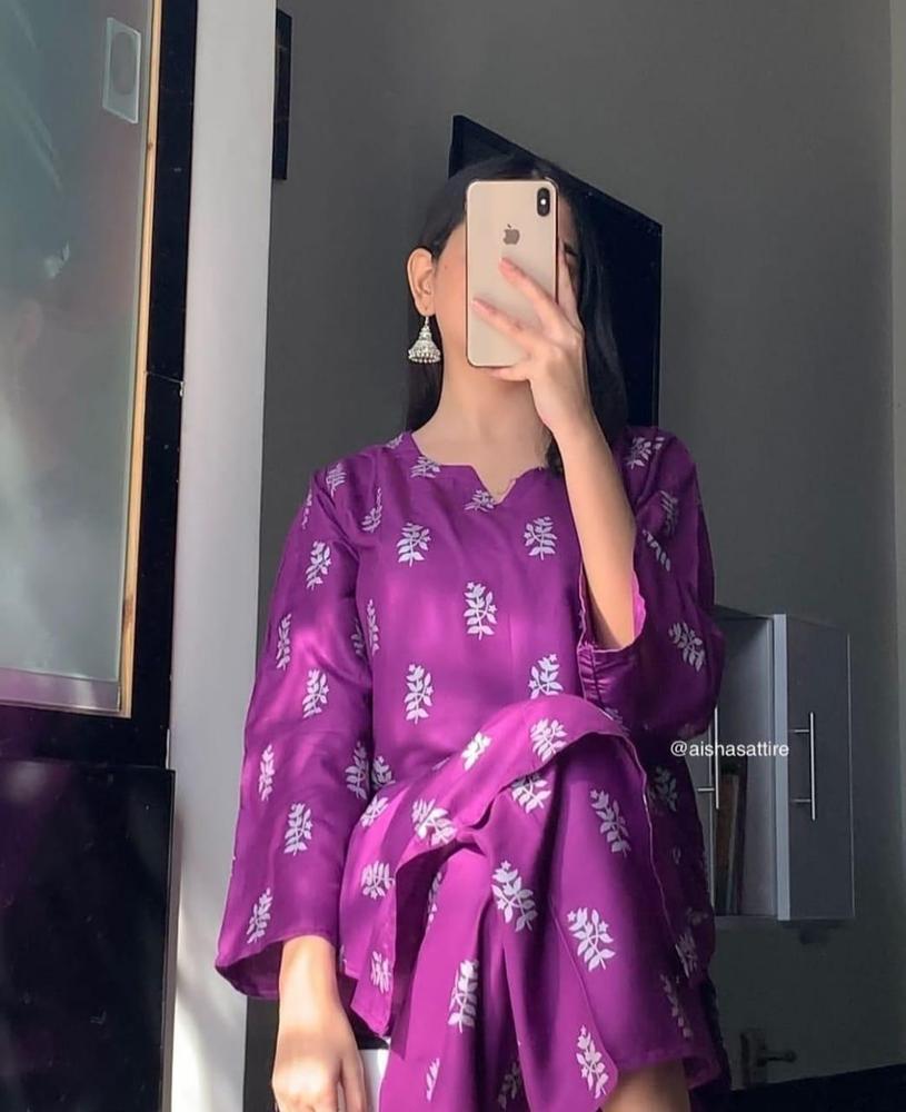Purple Linen Block Printed 2-Piece Suit – Purple color