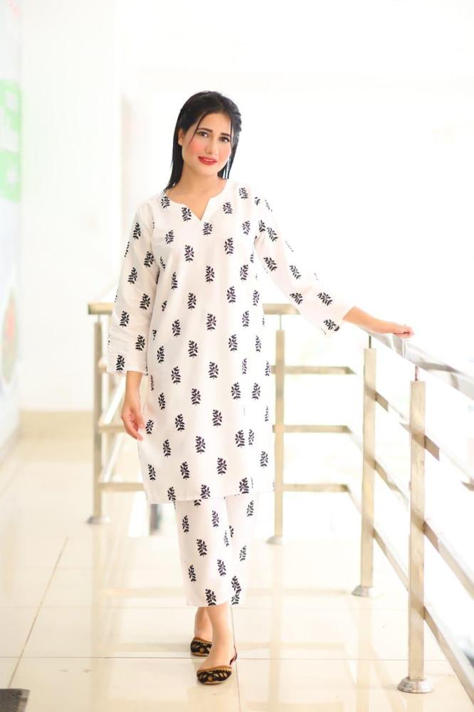 White Linen Block Printed 2-Piece Suit – White color