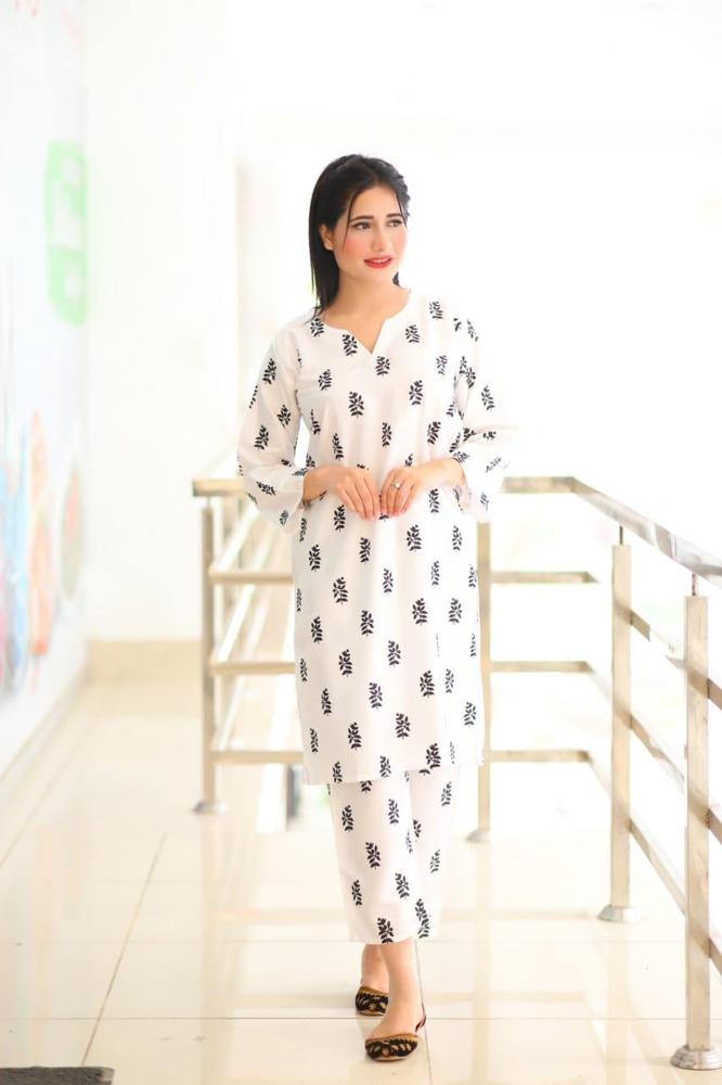 White Linen Block Printed 2-Piece Suit – White color