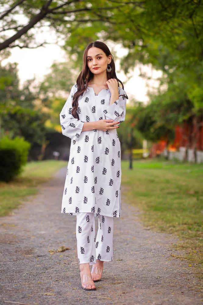 White Linen Block Printed 2-Piece Suit – White color