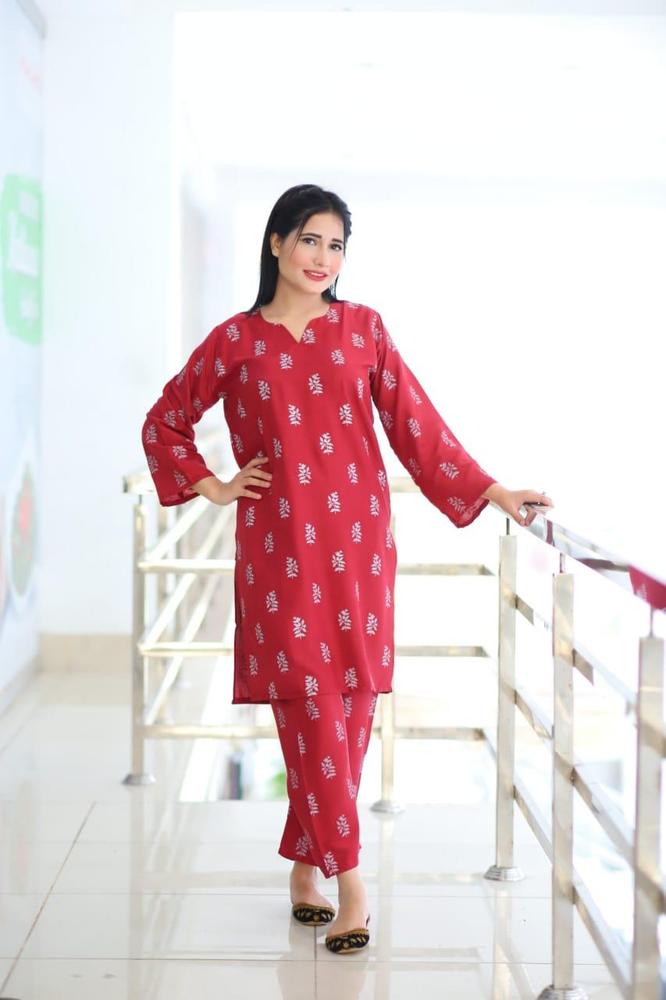 Red Linen Block Printed 2-Piece Suit – Red color