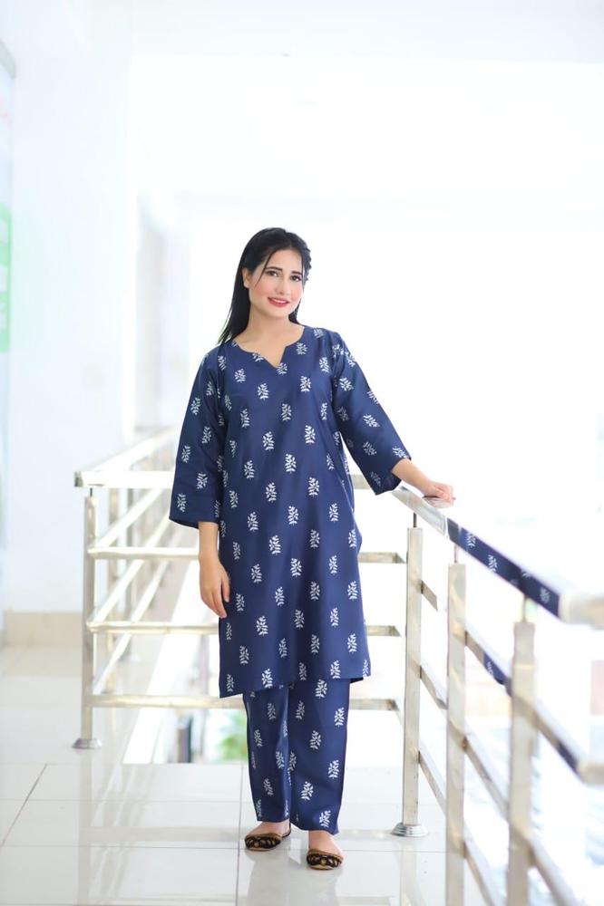 Black Linen Block Printed 2-Piece Suit – Navy Blue color