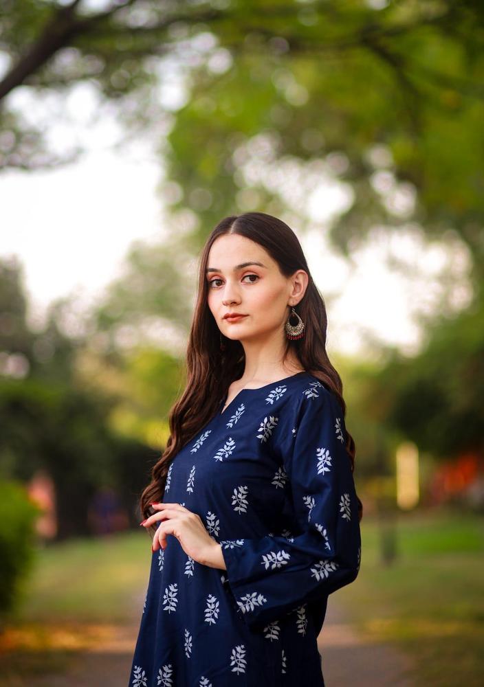 Black Linen Block Printed 2-Piece Suit – Navy Blue color