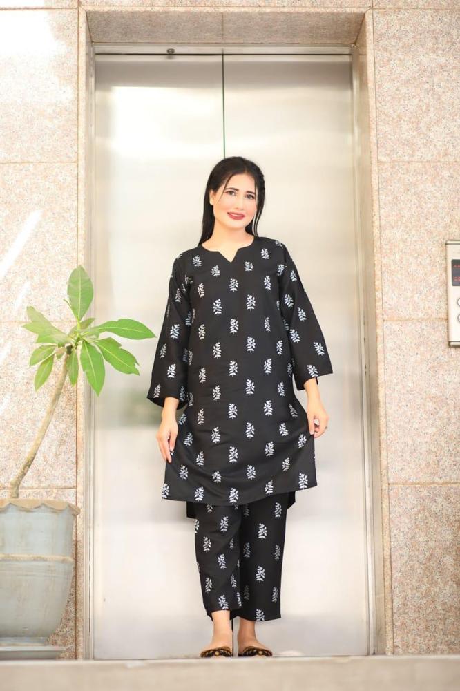 Black Linen Block Printed 2-Piece Suit – Black color