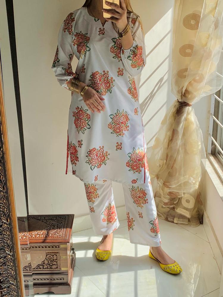 2 Pcs Women's Stitched Linen Printed Shirt And Trouser - White color