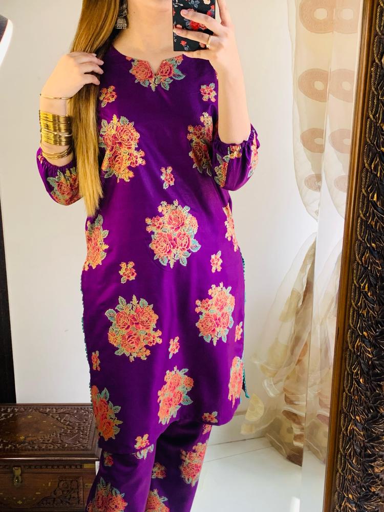 2 Pcs Women's Stitched Linen Printed Shirt And Trouser - Purple color