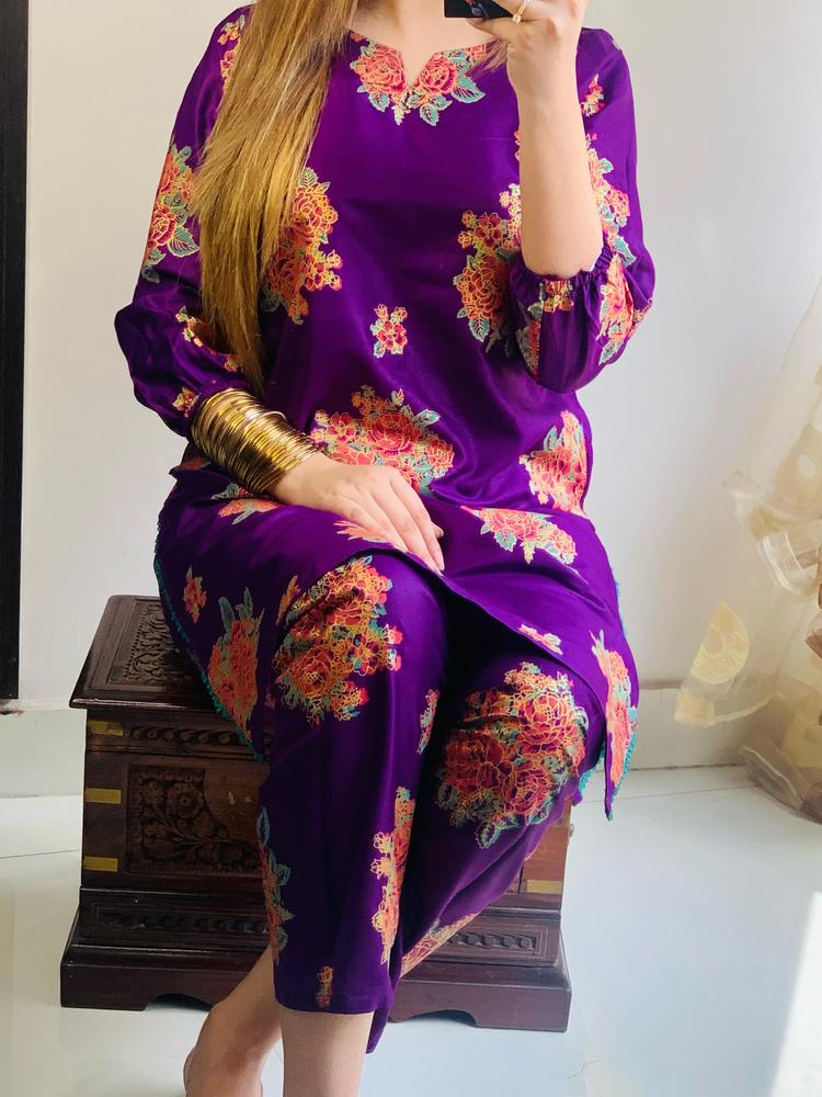 2 Pcs Women's Stitched Linen Printed Shirt And Trouser - Purple color
