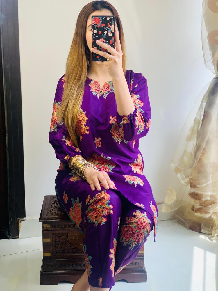 2 Pcs Women's Stitched Linen Printed Shirt And Trouser - Purple color
