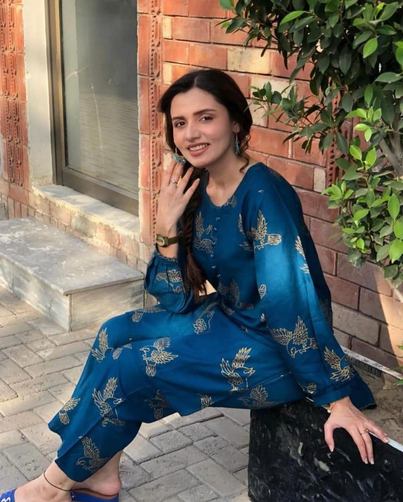 Blue 2-Piece Linen Suit for Women | Stitched Printed Shirt & Trouser Set