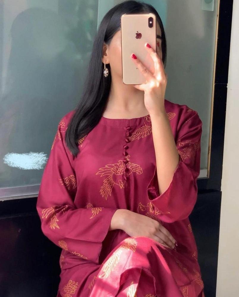 Maroon 2-Piece Linen Suit for Women | Stitched Printed Shirt & Trouser Set