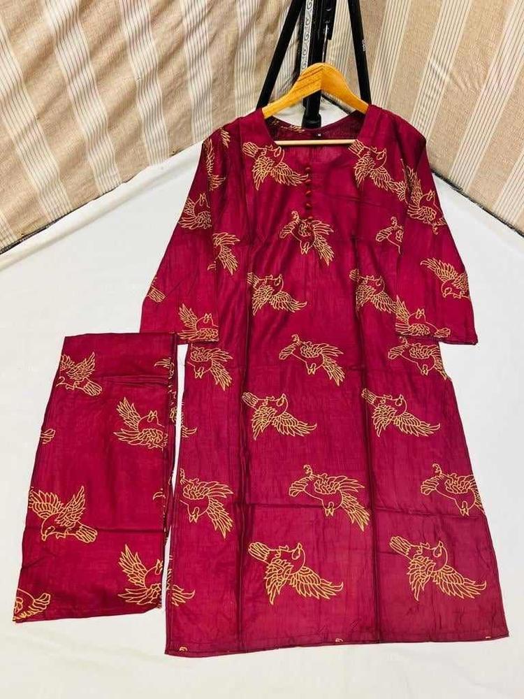 Maroon 2-Piece Linen Suit for Women | Stitched Printed Shirt & Trouser Set