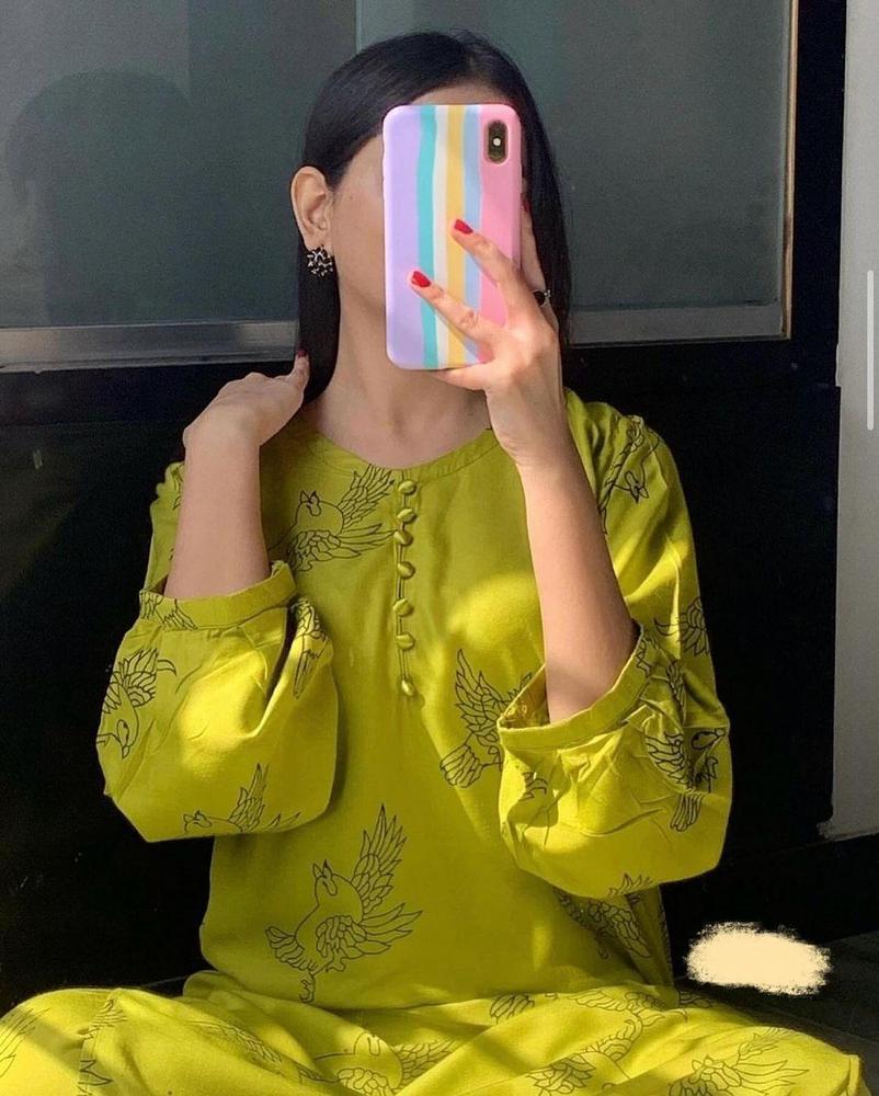 Mustard 2-Piece Linen Suit for Women | Stitched Printed Shirt & Trouser Set